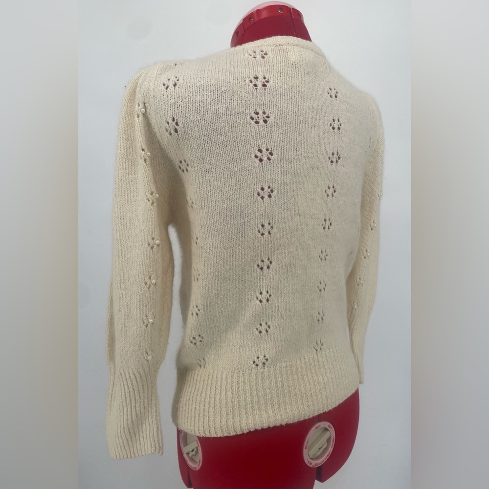 Vintage 80s Silk & Angora Cream Knit Sweater With Floral Cutouts & Pearl Centers - Picture 13 of 15